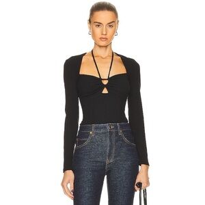 SIMKHAI Merrit Rib Cutout Long Sleeve Halter Top - Black Size Small